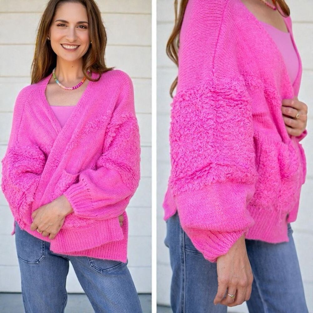 Pink Side Slit Open Front Cardigan Size Large NEW - Davi & Dani - Picture 6 of 14